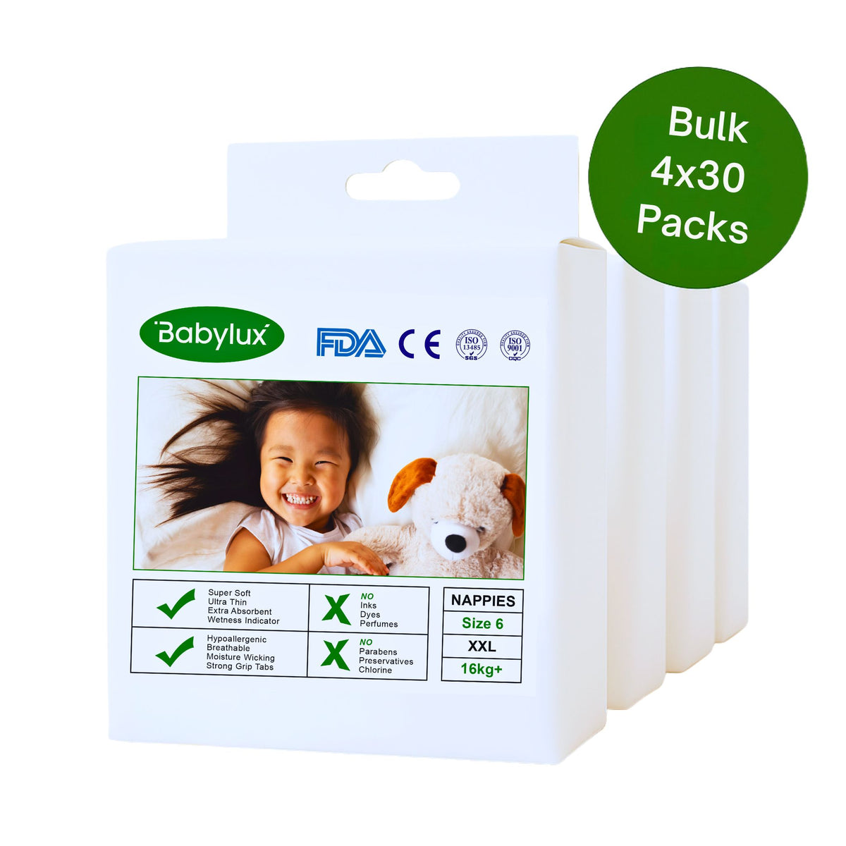 Babylux Nappies Size 6 (13–18 kg) – eco baby nappies for toddlers with leak-proof comfort available online at The Nappy Shop