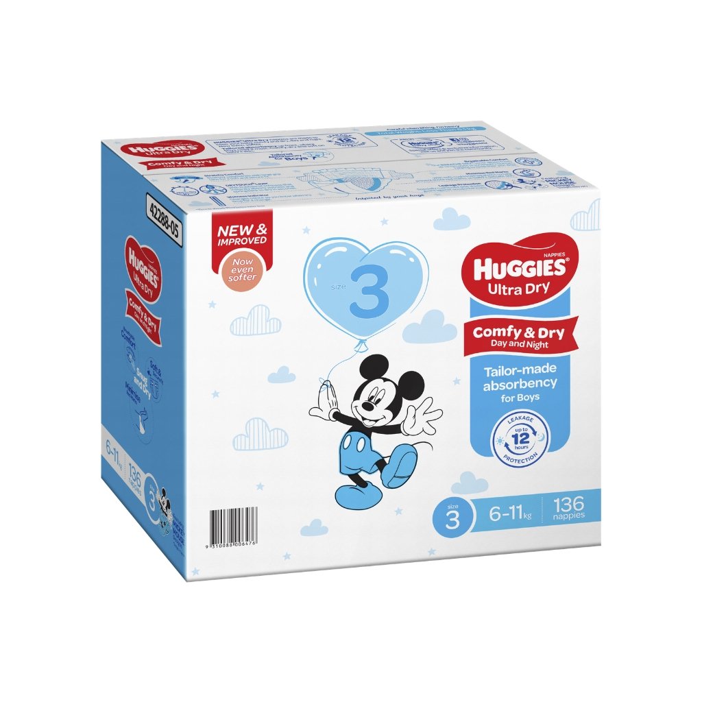 Huggies Ultra Dry Nappies Size 3 Crawler Boy - 136 Pack - The Nappy Shop
