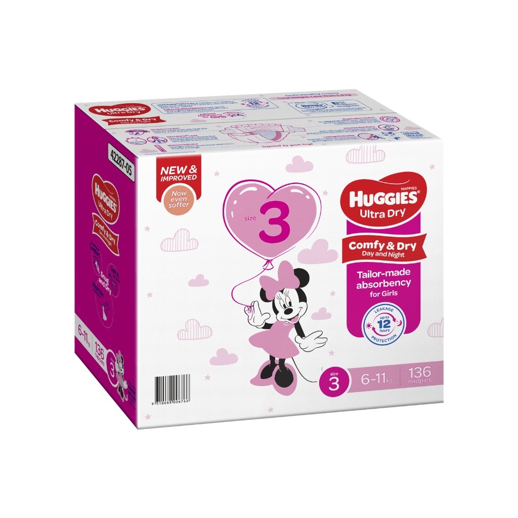 Huggies Ultra Dry Nappies Size 3 Crawler Girl - 136 Pack - The Nappy Shop
