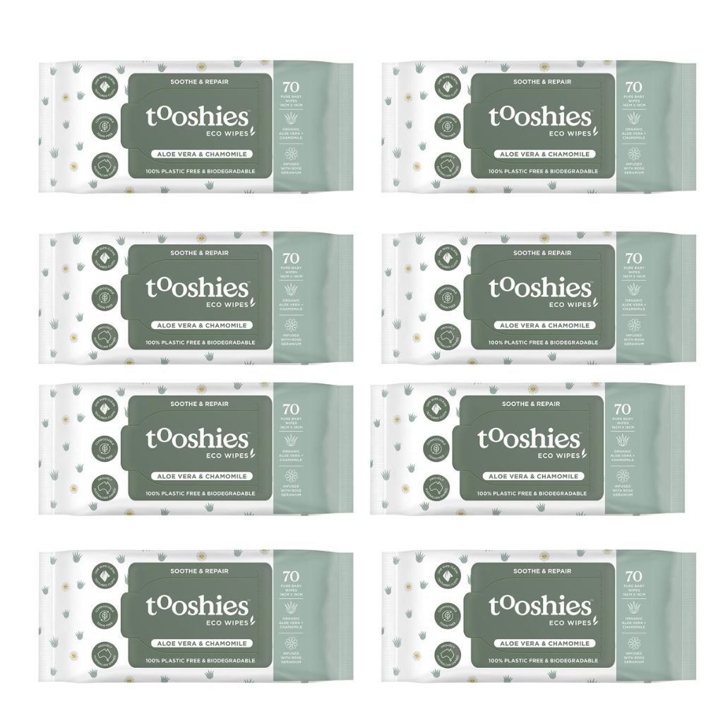 Tooshies ECO Baby Wipes Aloe Vera &amp; Chamomile - 8x70 Pack - The Nappy Shop